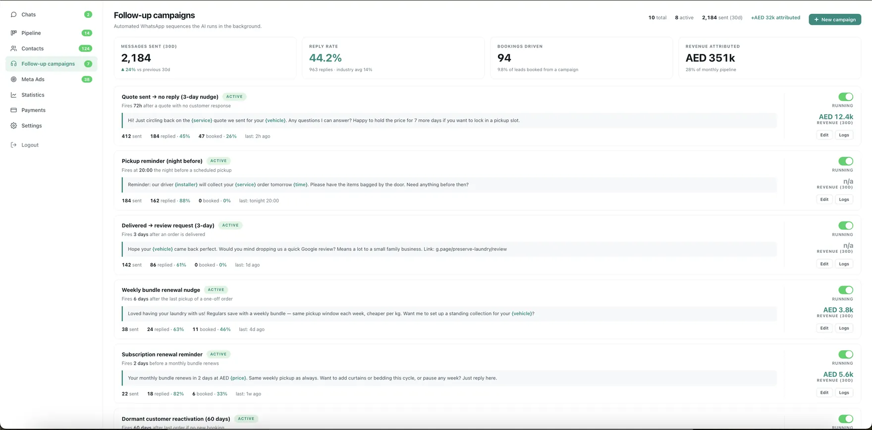 Follow-ups screen of the Learnmind WhatsApp dashboard