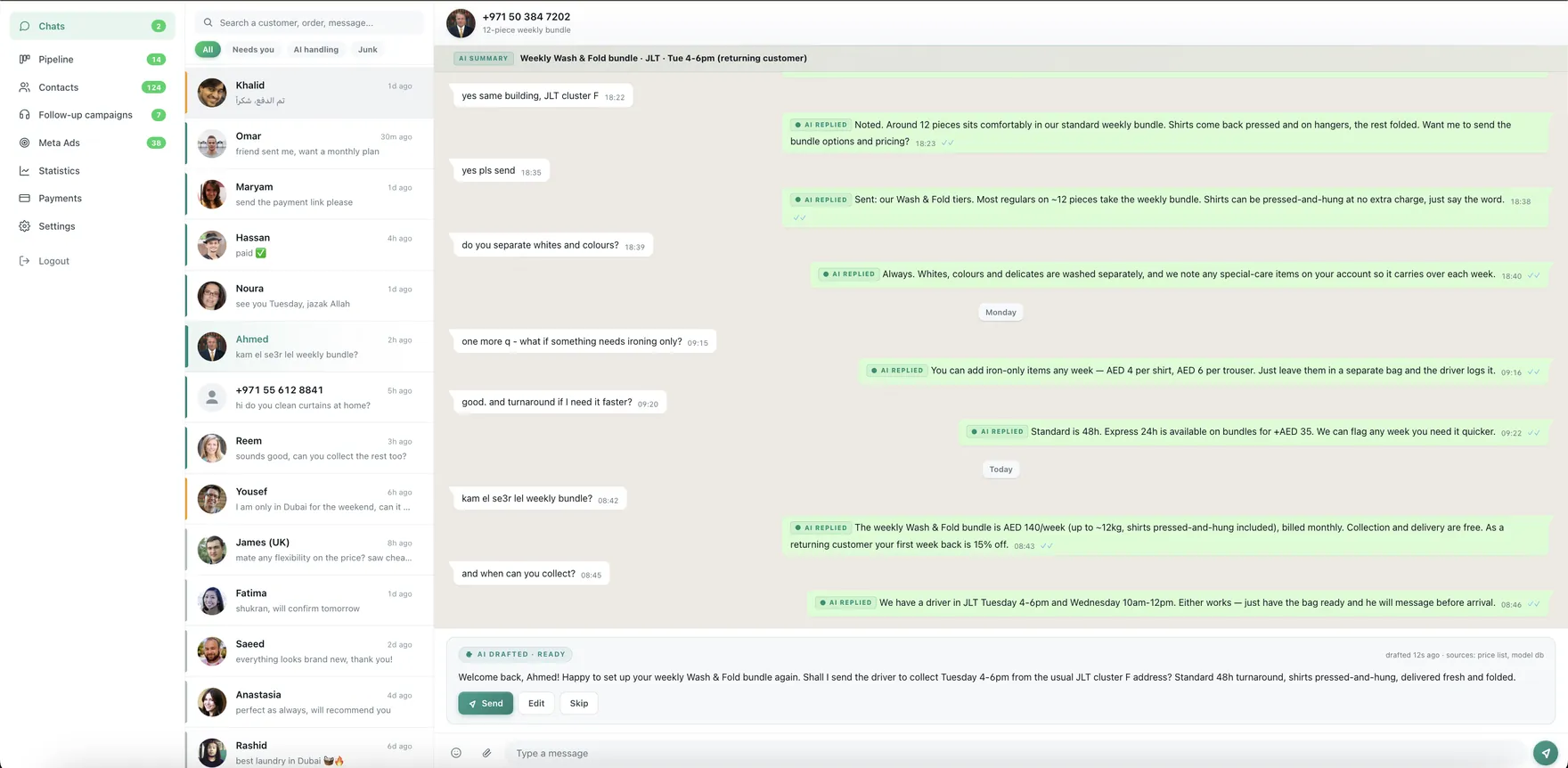 Chats screen of the Learnmind WhatsApp dashboard