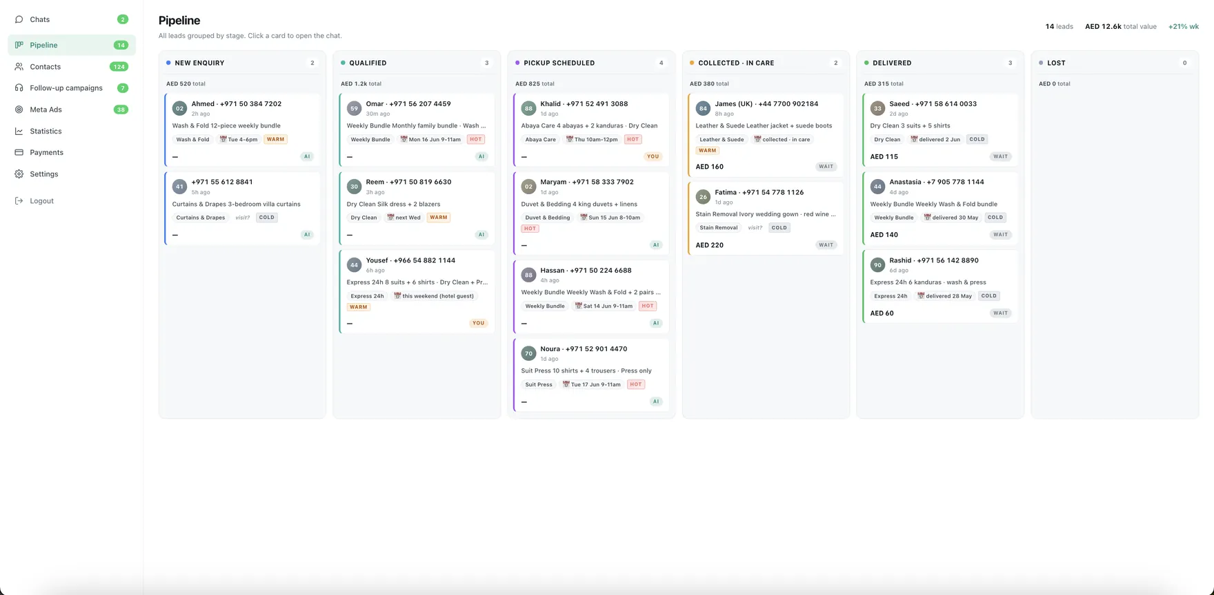 Pipeline screen of the Learnmind WhatsApp dashboard